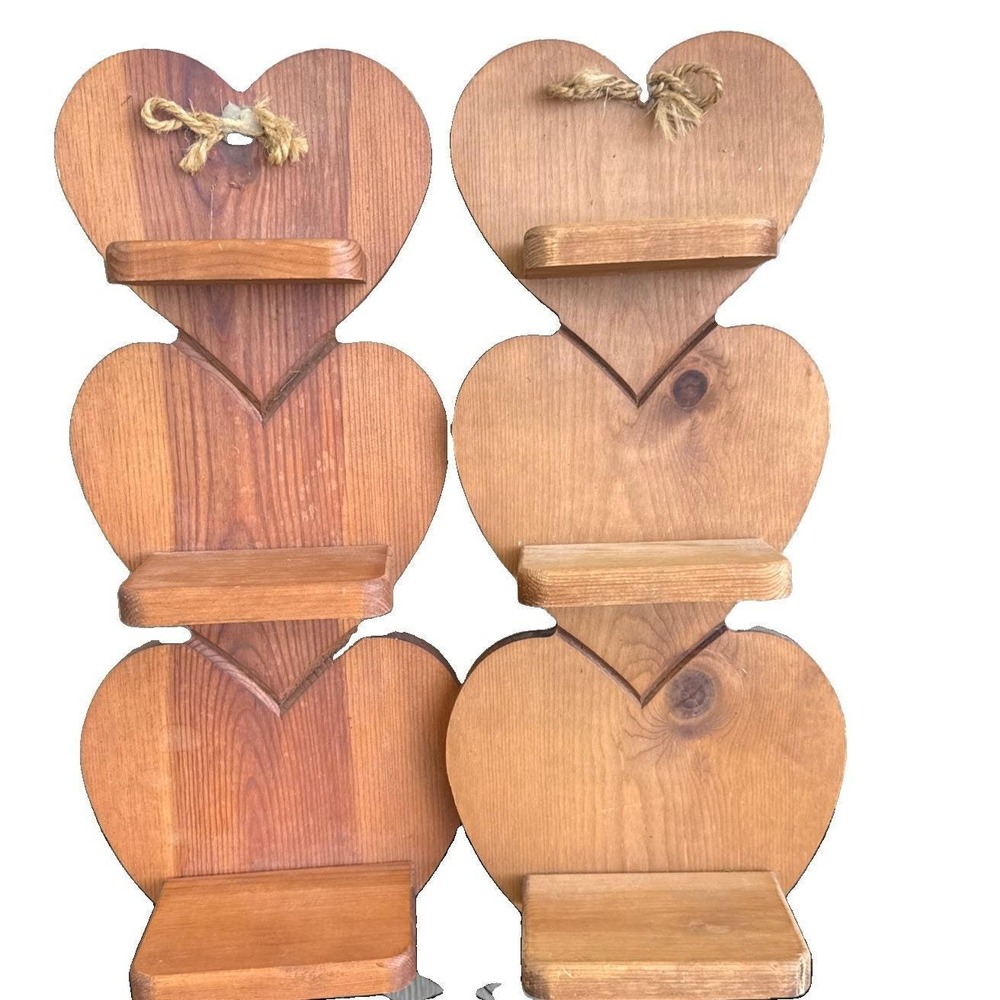 Vintage Rustic Heart Shaped 3 Tier Wall Shelf Country Farmhouse Decor Wood Pair